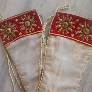 Elegant Sudha Christmas Stockings (2) Burgundy Velvet Gold Gems Brocade
